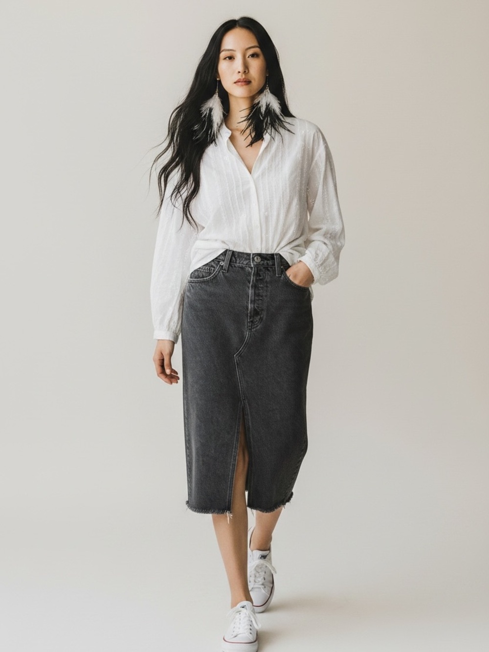 Reformation Wilder relaxed midi Denim black wash raw hem Skirt with Front Slit